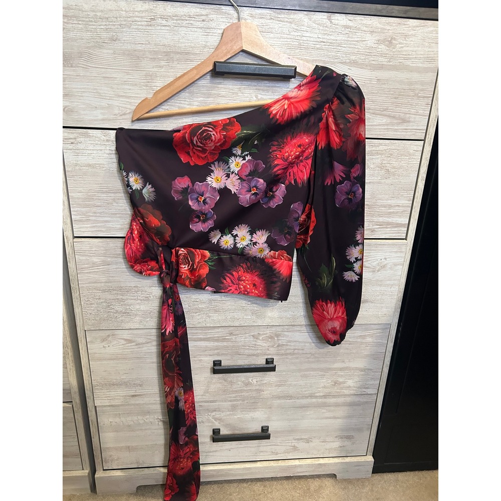 Express Conscious Edit Floral One Shoulder Tie Waist Crop Top Blouse Small - Picture 2 of 5